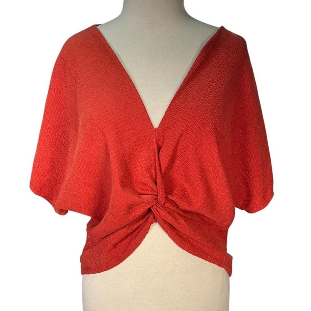 Zara Red Textured Twist Front Festival Boho Small Stretch Dolman Sleeve Blouse